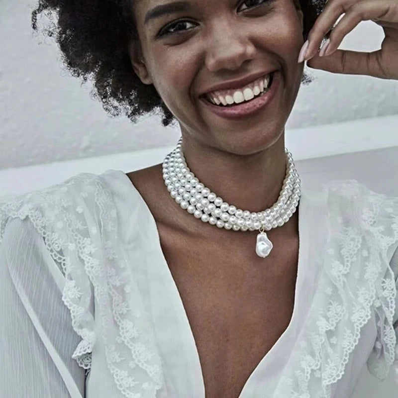 Classic Layered Strand Round Pearls Beads Collar Choker Necklace For Women Irregular Baroque Pearl Pendant Wedding Necklace Gift