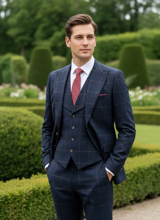 ST Cassy Dark Blue 3 Piece Checkered Suit Set Stylish Business Office Wedding Formal Outfit Elegant Full Man Suit