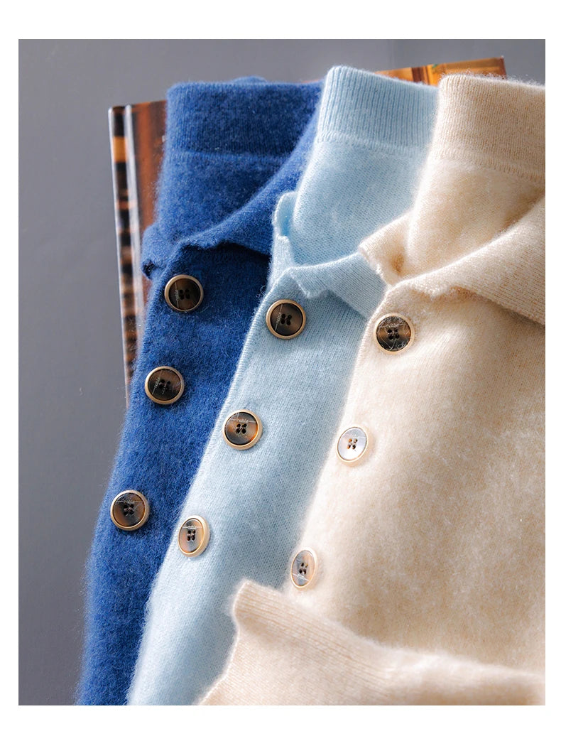 Autumn And Winter New 100 Pure Wool Sweater Men's POLO Collar Button Loose Pullover Sweater Cashmere Knitted Bottoming Shirt