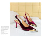 Elegant Women Green High Heel Velvet Pumps Wedding Party Slingback Sandals Metal Pointed Toe Hollow Buckle Wine Red Shoes