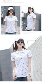 Women's Summer Cotton Shirt - Slim Fit Foldable Flip Collar Short Sleeve Printed Casual Top Trendy Button Design Fashion