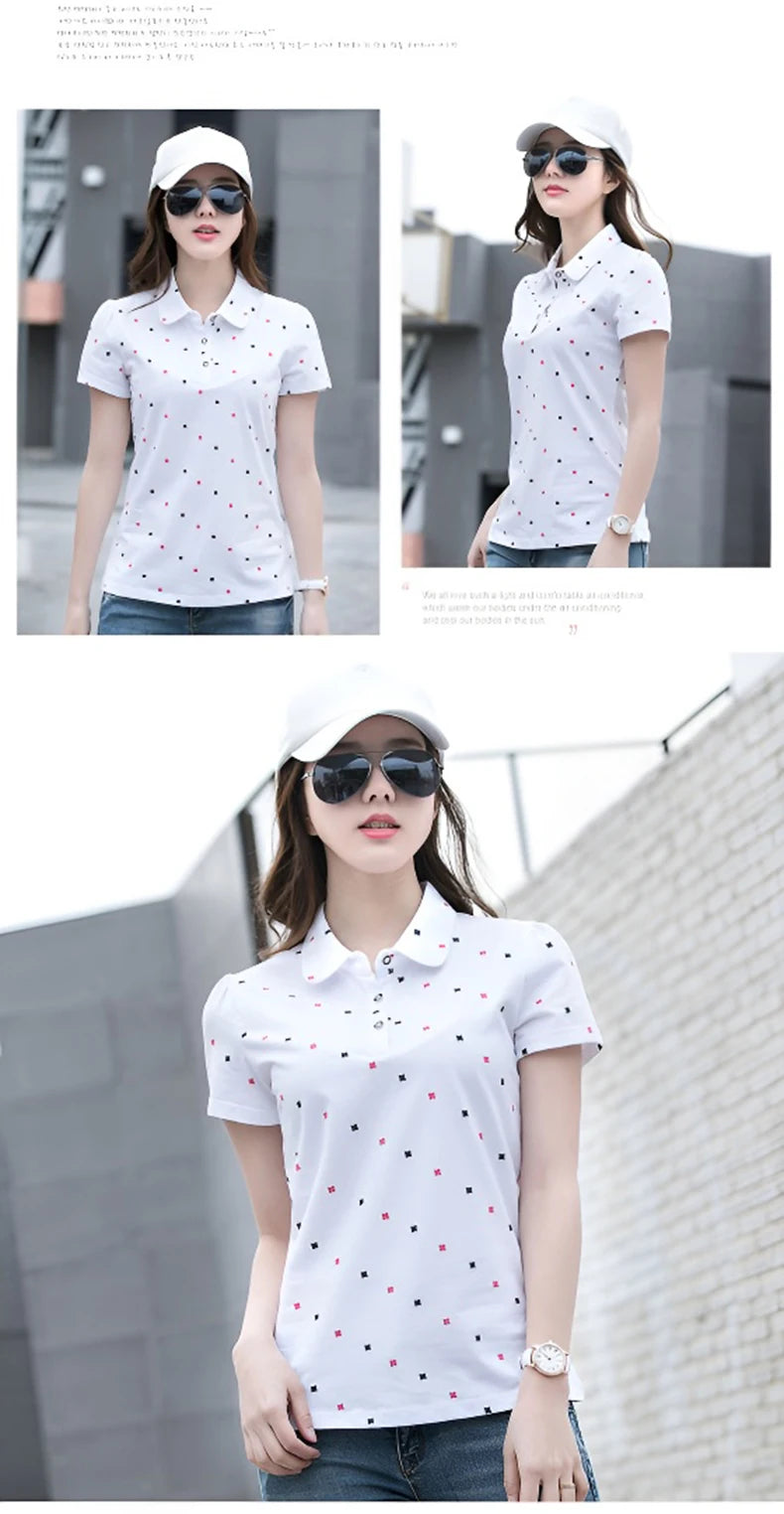 Women's Summer Cotton Shirt - Slim Fit Foldable Flip Collar Short Sleeve Printed Casual Top Trendy Button Design Fashion