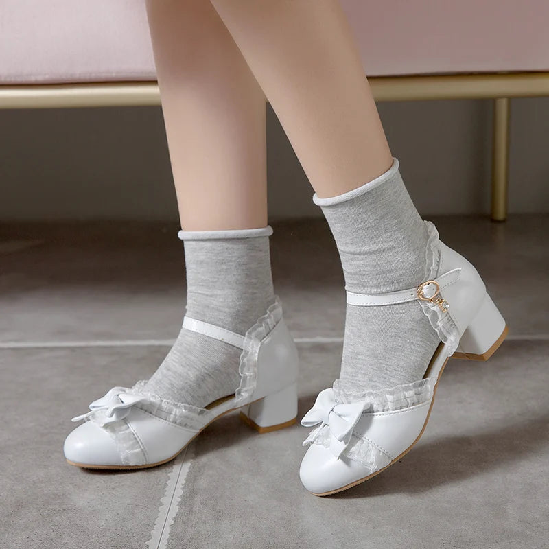 Sweet Japanese Lolita Princess Dance Shoes Girls Cute Bowtied Summer Shoes Round toe White Pink College Pumps Ladies Sandals