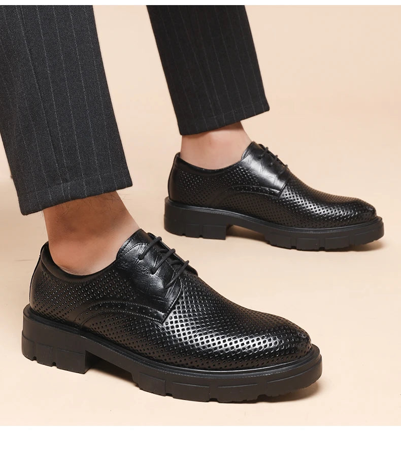 New Men Hollow Summer Platform High Heel 5/8/10 CM Height Growth Formal Men Derby Leather Shoes Man Wedding Dress Shoes Elevator