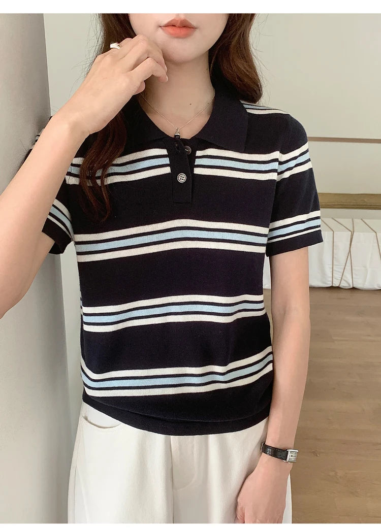 WinvyNee Summer Top Women's 100% Cotton Striped Polo T Shirt Women's Clothing Short Sleeve Casual Oversized Pullover A1522077