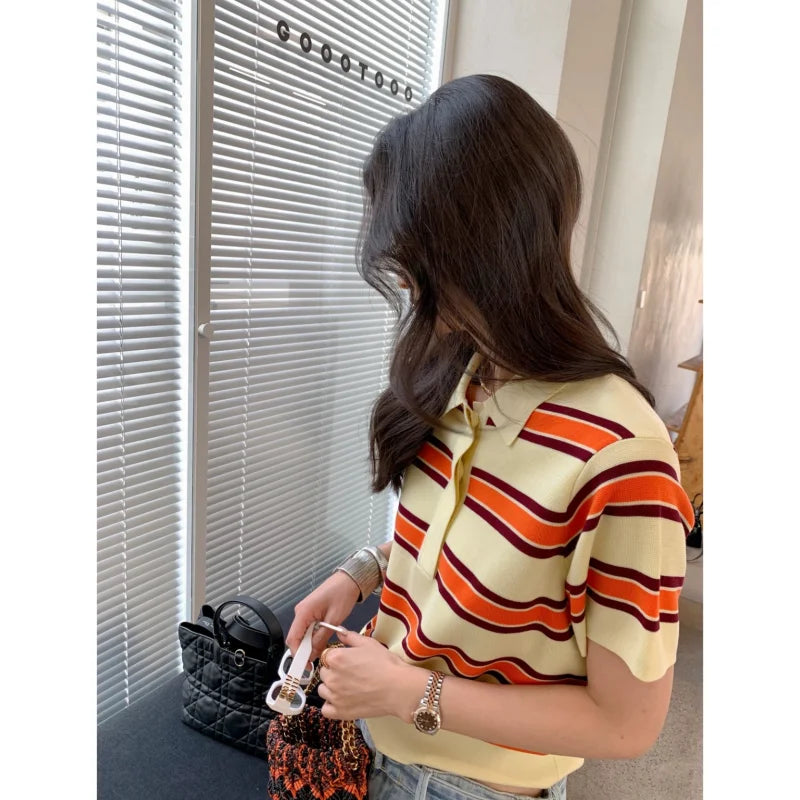 Striped POLO Neck Ice Silk Short Sleeved Women's Summer Thin Fashion Loose Lapel Knit Top