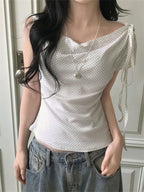 Elegant Polka Dot Bow tied Off shoulder Summer Top Women Irregular Short sleeve T shirt Korean Slim fit Casual Plain Tees