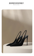 New Baotou fine heeled sandals for women, black with a buckle strap and a back strap, fashionable suede high heels