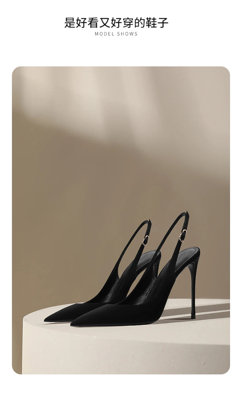 New Baotou fine heeled sandals for women, black with a buckle strap and a back strap, fashionable suede high heels