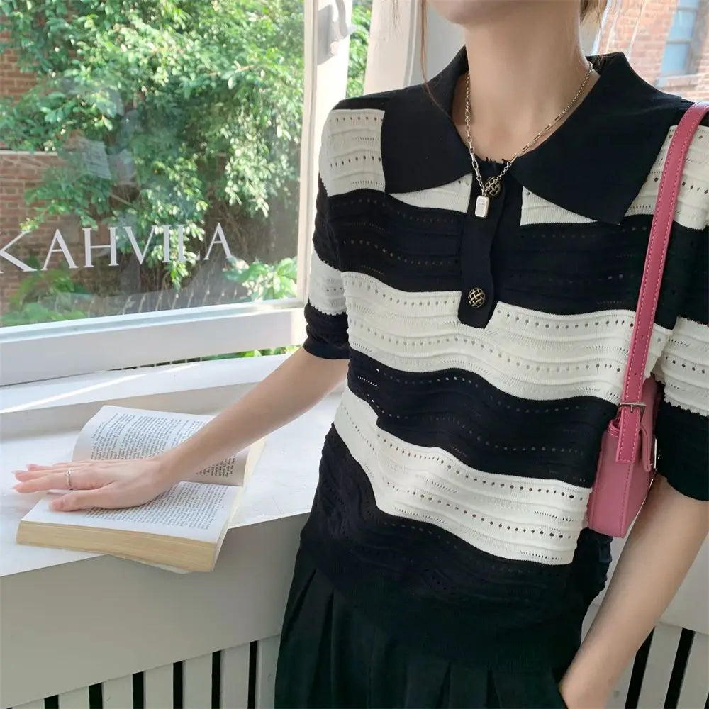 POLO Hollow Out Breathable Short Sleeve T Shirt Knit Striped Crop Top Aesthetic Clothing Summer Blouses For Women