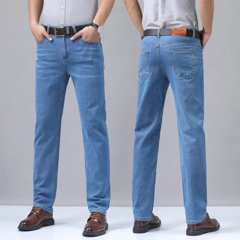 2026 Summer Thin Men's Elastic Cotton Jeans Fashion Blue Comfortable Business Straight Casual Pants Brand Male Clothes Trousers