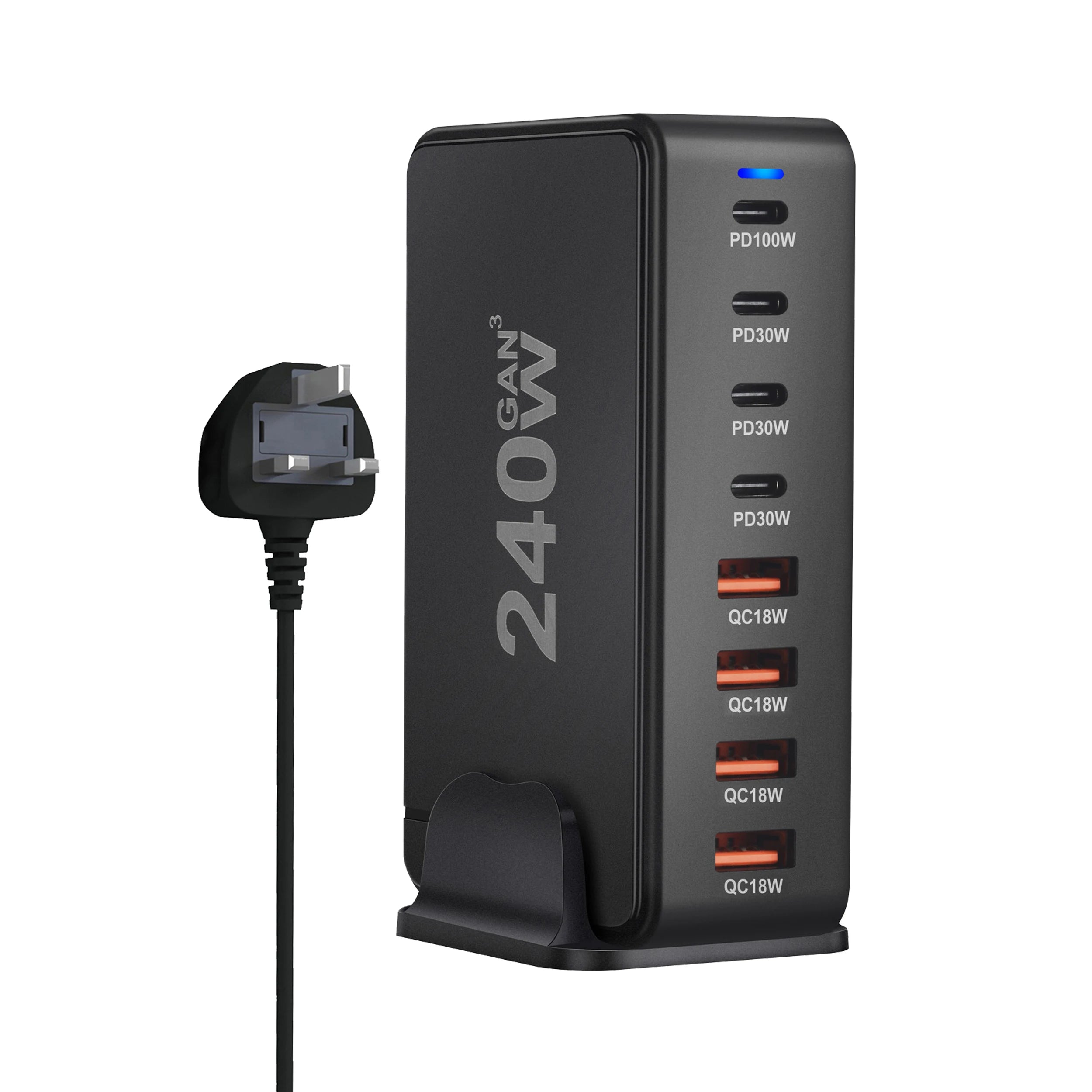 240W GaN desktop charger with 8 USB-C ports, supports PD 3.0 fast charging and is compact & portable