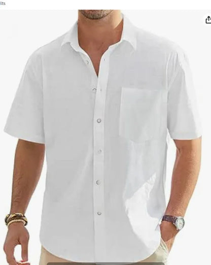 Men's Cotton Linen Short Sleeve Shirt Casual Button Down Shirt with Pocket Summer Beach Breathable Loose Tops Large size S-6XL