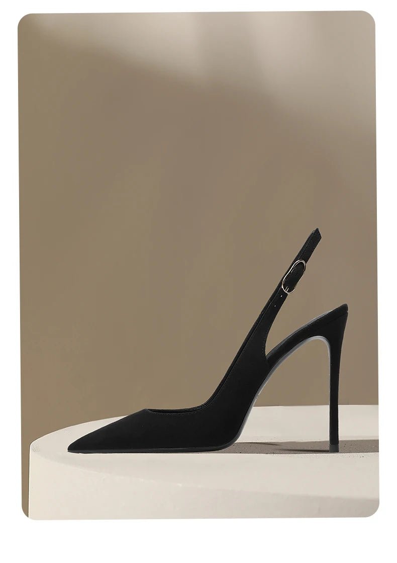 New Baotou fine heeled sandals for women, black with a buckle strap and a back strap, fashionable suede high heels