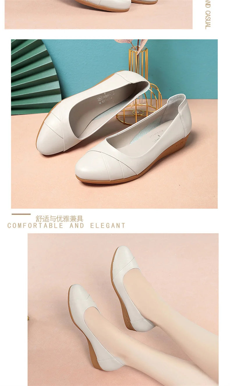 Women Fashion Light Weight Wedge Heel Comfort Spring Autumn Shoes Casual Sweet  Black Leather Soft Bottom Flat Shoes