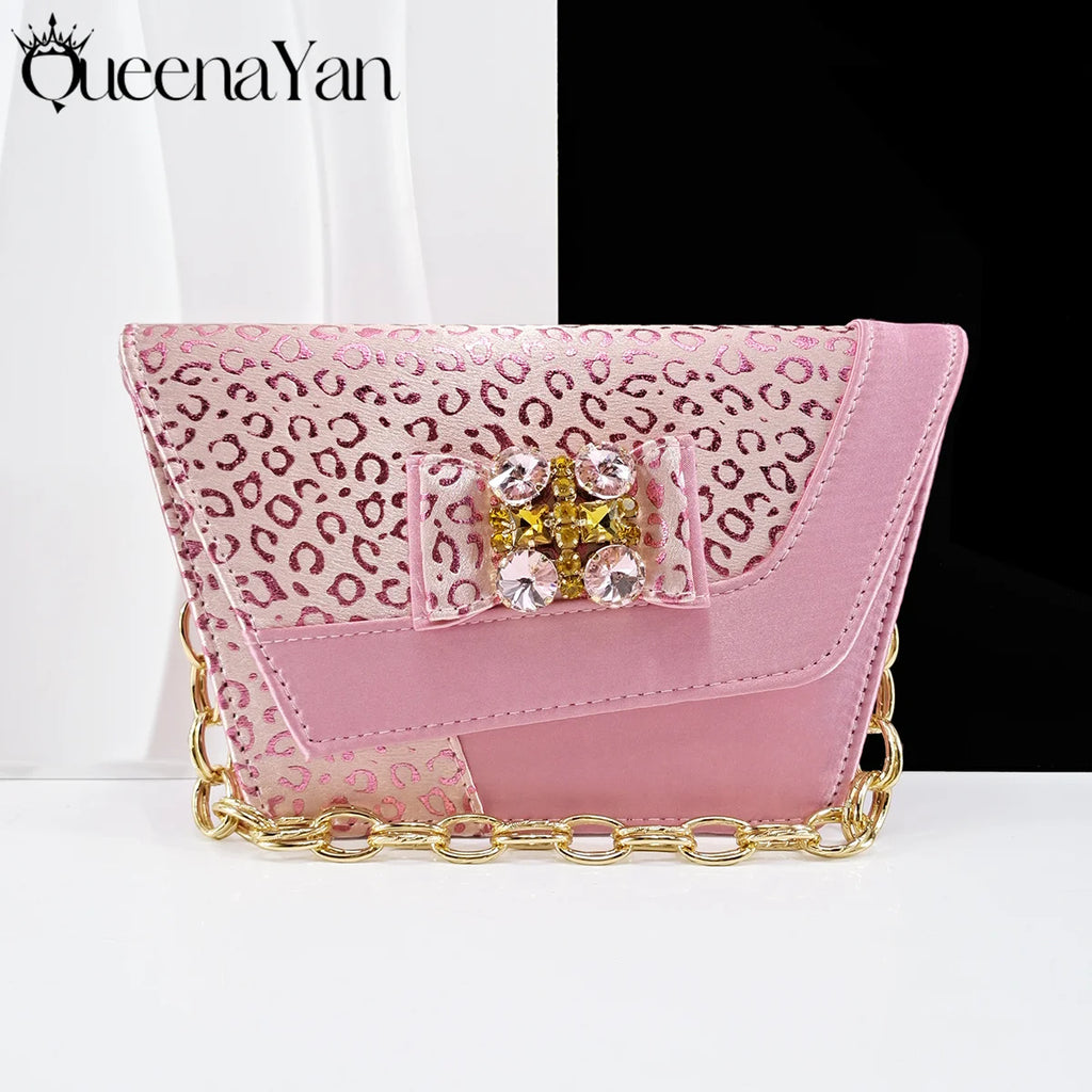 Queena Yan  2025 Shiny Italian Fashion Pointed Toe Women Heel Fashion Rhinestone Decoration Pink Color Shoes And Bag Set