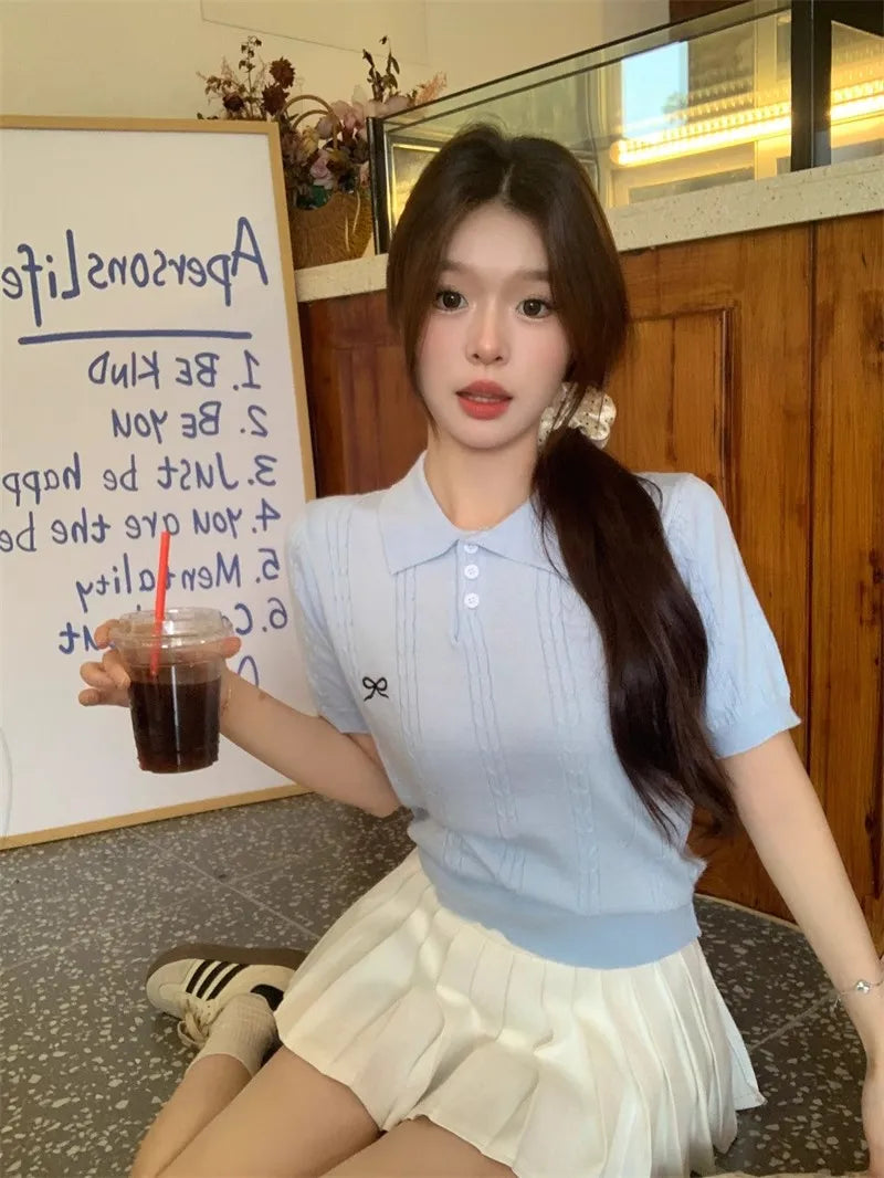 AOSSVIAO 2026 Summer New Korean Fashion Slim Polo shirt Knitted Short Sleeve T-shirt Sweet Bow Embroidered Knitted  Women Tops