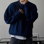 Men's Knitting Sweater 2026 Spring Autumn 0-neck Long Sleeve Knit Sweater Dark Blue Hemp Pattern Drop Shoulder Thicken Pullover