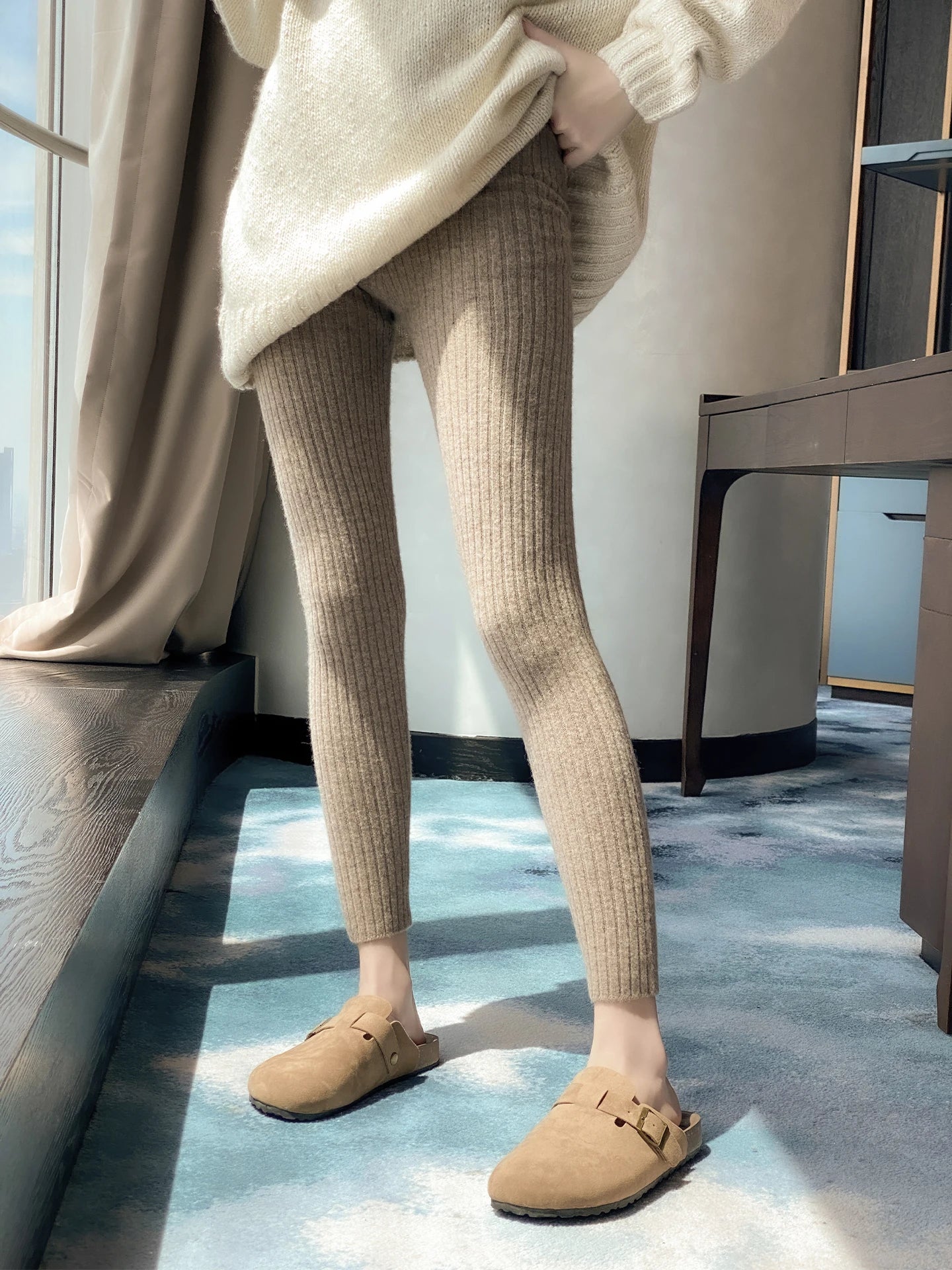 Autumn Winter 100% Merino Wool Leggings for Women Thickening Leggings Small Feet Pencil Pants Outdoor Casual Stretchy Pants