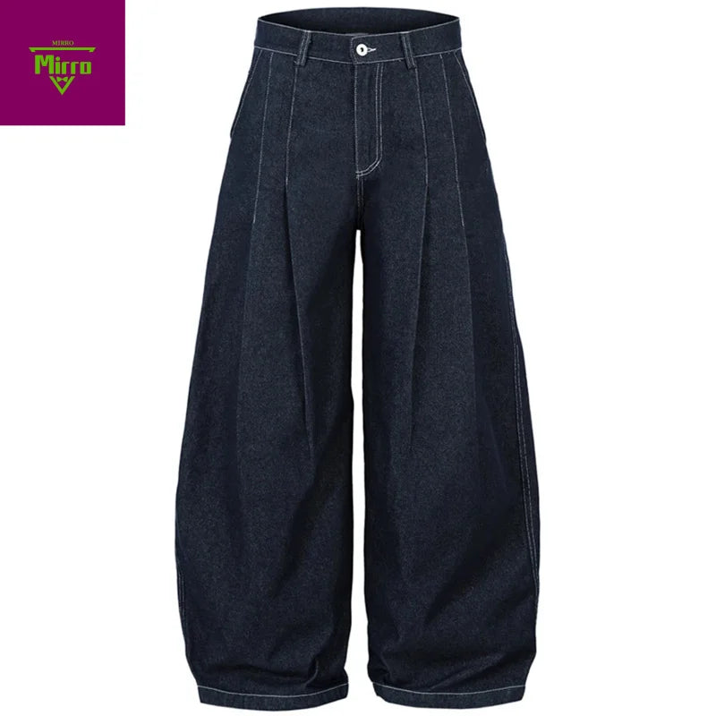 【Mirrordust】Pleated Baggy Jeans Men Loose Wide Leg Jeans Trousers Streetwear Harajuku Hip Hop Jeans Denim Pants