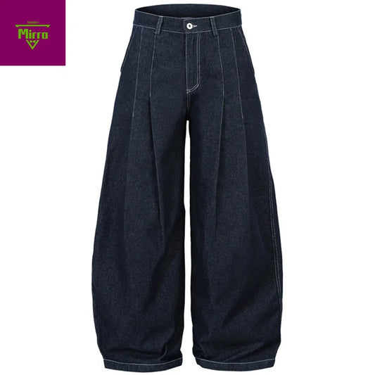 【Mirrordust】Pleated Baggy Jeans Men Loose Wide Leg Jeans Trousers Streetwear Harajuku Hip Hop Jeans Denim Pants