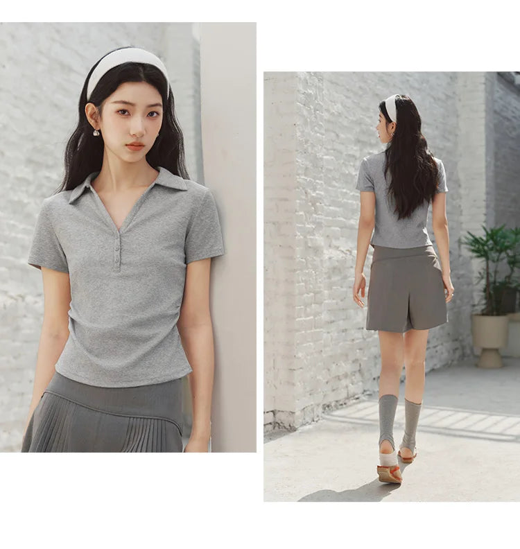 Semir Women Polo Shirt Short Length Ruched Slim Fit Standard Shoulder Cool Feeling 2026 Summer Temperament Versatile Fashion Top