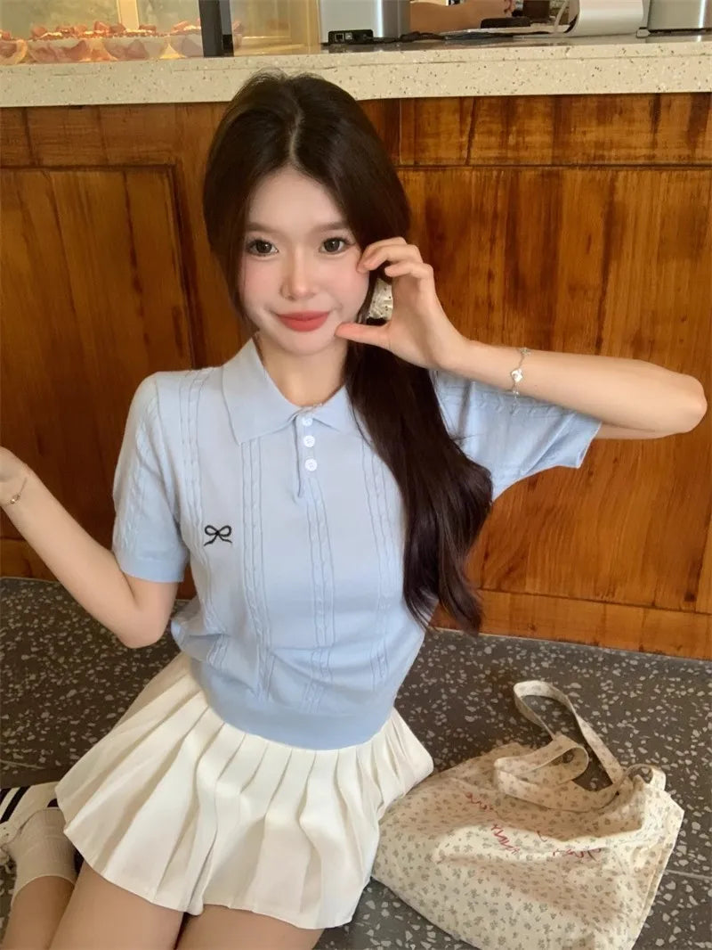 AOSSVIAO 2026 Summer New Korean Fashion Slim Polo shirt Knitted Short Sleeve T-shirt Sweet Bow Embroidered Knitted  Women Tops
