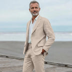 Men's linen casual men's beach party business suit two-piece wedding tailcoat set with split collar suit jacket and pants