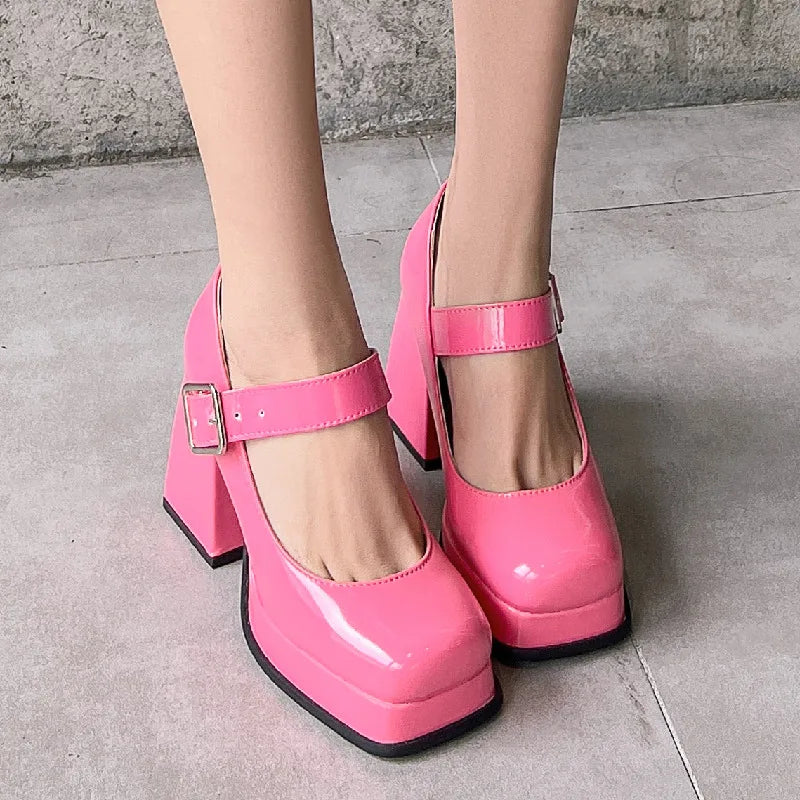 Women's High Heels Pumps Mary Jane Shoes Platform Pink Black Wine Red White Block Heeled Working Party Dance Wedding Shoe Female