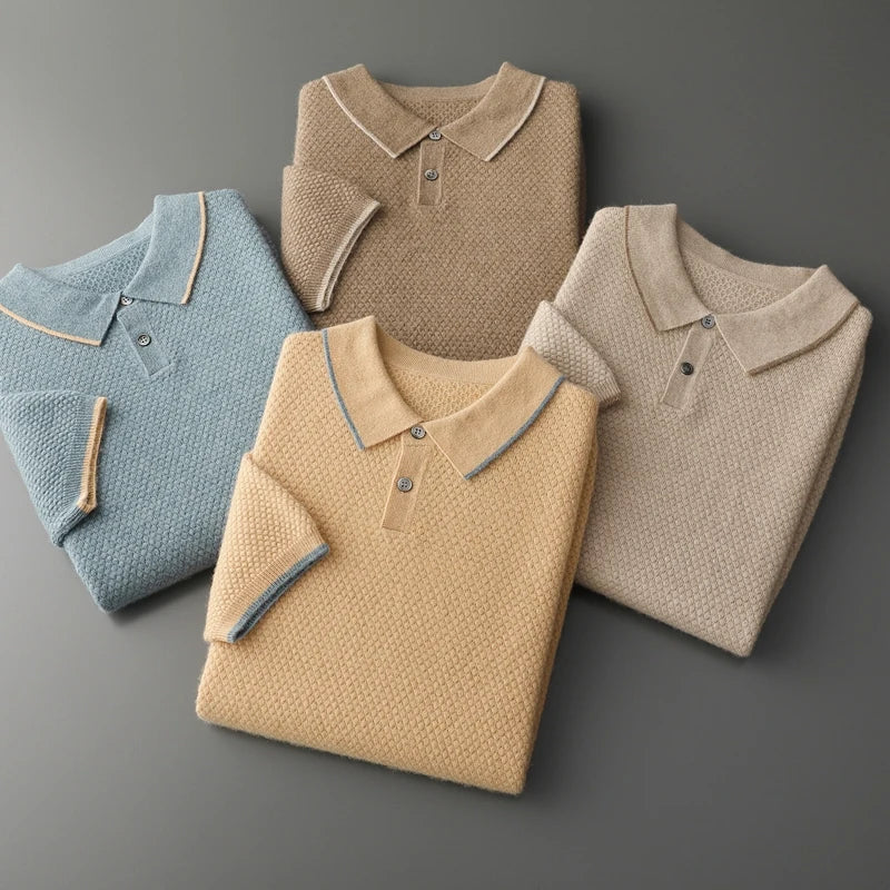 ZOCEPT 100% Cashmere Short Sleeve Sweater Autumn Winter New Casual Business Knitted Button-up Polo Collar Pullover for Men
