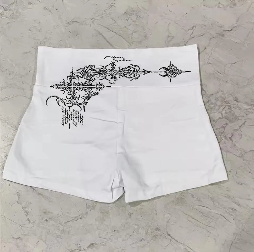 Women Y2K White High Waist Biker Shorts Front Letter Print Back Gothic Cross Stretch Skinny Summer Street Workout Mini Bottoms