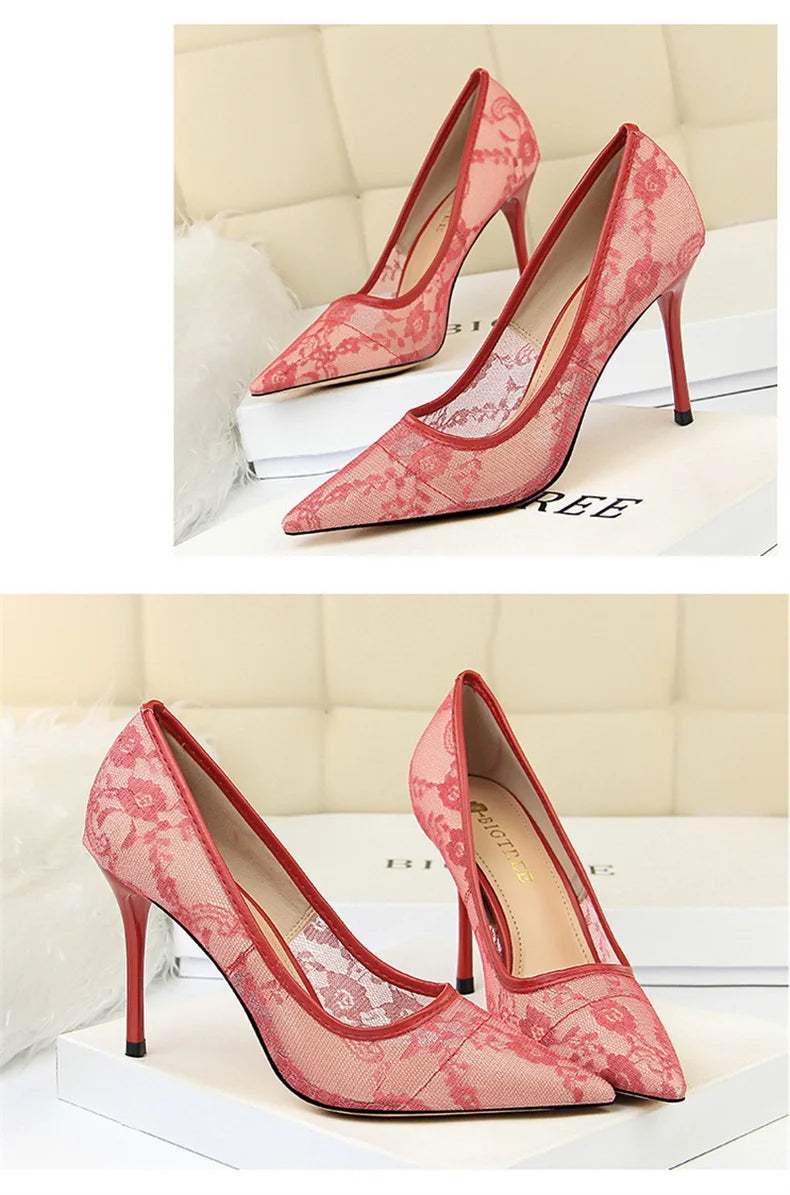 2024 Black Flower Lace Mesh Pumps Women Pointed Toe Shallow Fashion Party Single Shoes Show Thin High Heel Office Shoes