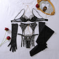 Ellolace Romantic Women's Lingerie Sets Elegant Chains Bra Belt Thong 3PC with Gloves Stockings Shiny Intimate Honey Underwear