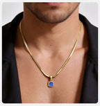 Vnox Geometric Square Natural Stone Pendant Necklace for Men, Gold Silver Color Stainless Steel Blade Chain, Trendy Jewelry Gift