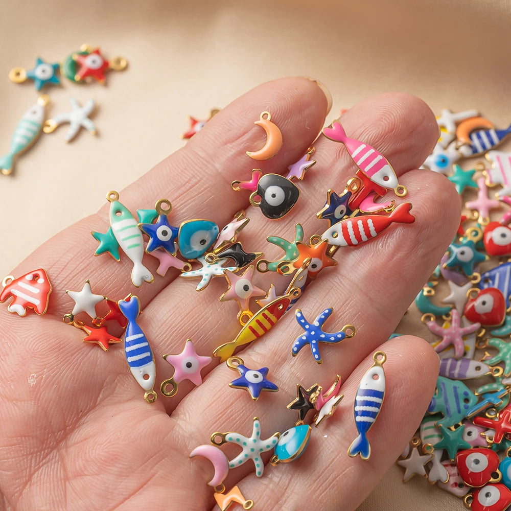 20pcs Stainless Steel Enamel Charms Mixed Moon Star Cross Fish Animal Charm Pendant DIY for Necklace Bracelet Jewelry Making