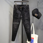 Hot-Stamped Rhinestone Men's Jeans, Trendy Brand, Stretchy Slim Fit, Embroidered and Printed Men's Trousers