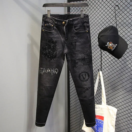 Hot-Stamped Rhinestone Men's Jeans, Trendy Brand, Stretchy Slim Fit, Embroidered and Printed Men's Trousers