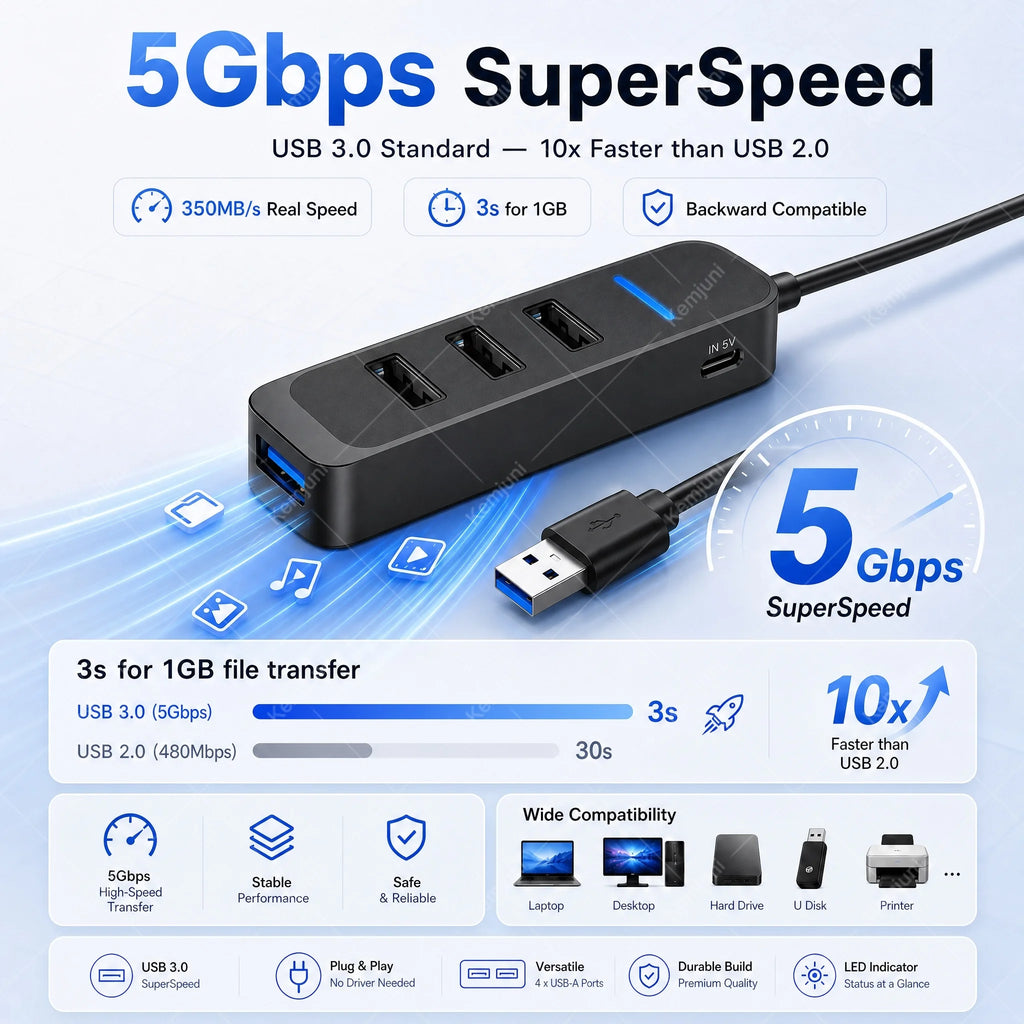 USB 3.0 Hub 4 Ports 5M Extension Cable Multi Port USB Hub Adapter High Speed Data Transfer for Laptop PC Computer Notebook