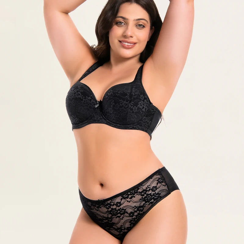 Women Plus Size Minimizer Lace Bra And Panty Set Underwire Full Coverage Big Cup D E F G H I J Smooth Back Fat Lingerie 2 Pieces