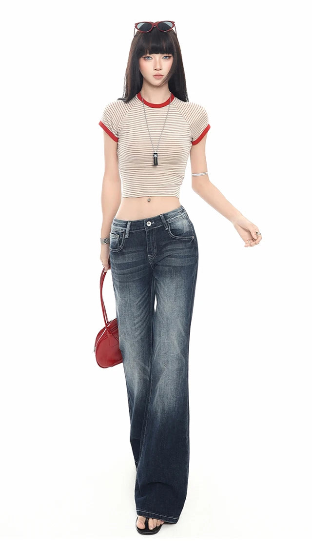 2026 New Ladies American Vintage Washed Micro Flare Denim Pants High Waist Slim Lazy Floor-Length Retro Street Long Jeans