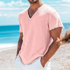 2026 Men's Summer Shirt Men's Retro V-Neck Cotton Linen Shirt Hawaii Casual Short Sleeve Beach Tops Outdoor Vacation Shirt