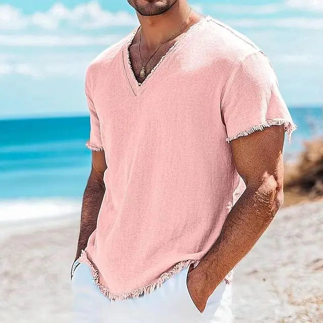 2026 Men's Summer Shirt Men's Retro V-Neck Cotton Linen Shirt Hawaii Casual Short Sleeve Beach Tops Outdoor Vacation Shirt