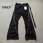 High Street RO Style Jeans Pants Men's Five Star Mang Ribbon Rotating Large Zipper Floor Pulling Horn Denim Streetwear Pants