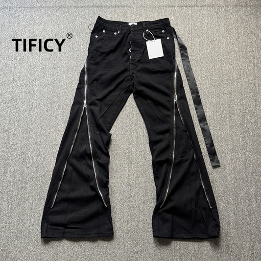 High Street RO Style Jeans Pants Men's Five Star Mang Ribbon Rotating Large Zipper Floor Pulling Horn Denim Streetwear Pants