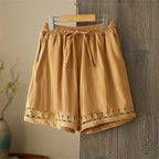 Women's Summer Retro Hollow Lace Trim Linen Shorts Elastic Drawstring Waist Casual Commute Wide Leg Pants
