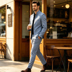Men's Linen Stand Collar Suit 2-Piece Blazer & Pants Set Slim Fit Business Casual Tuxedo Jacket Trousers Formal Wedding Outfit