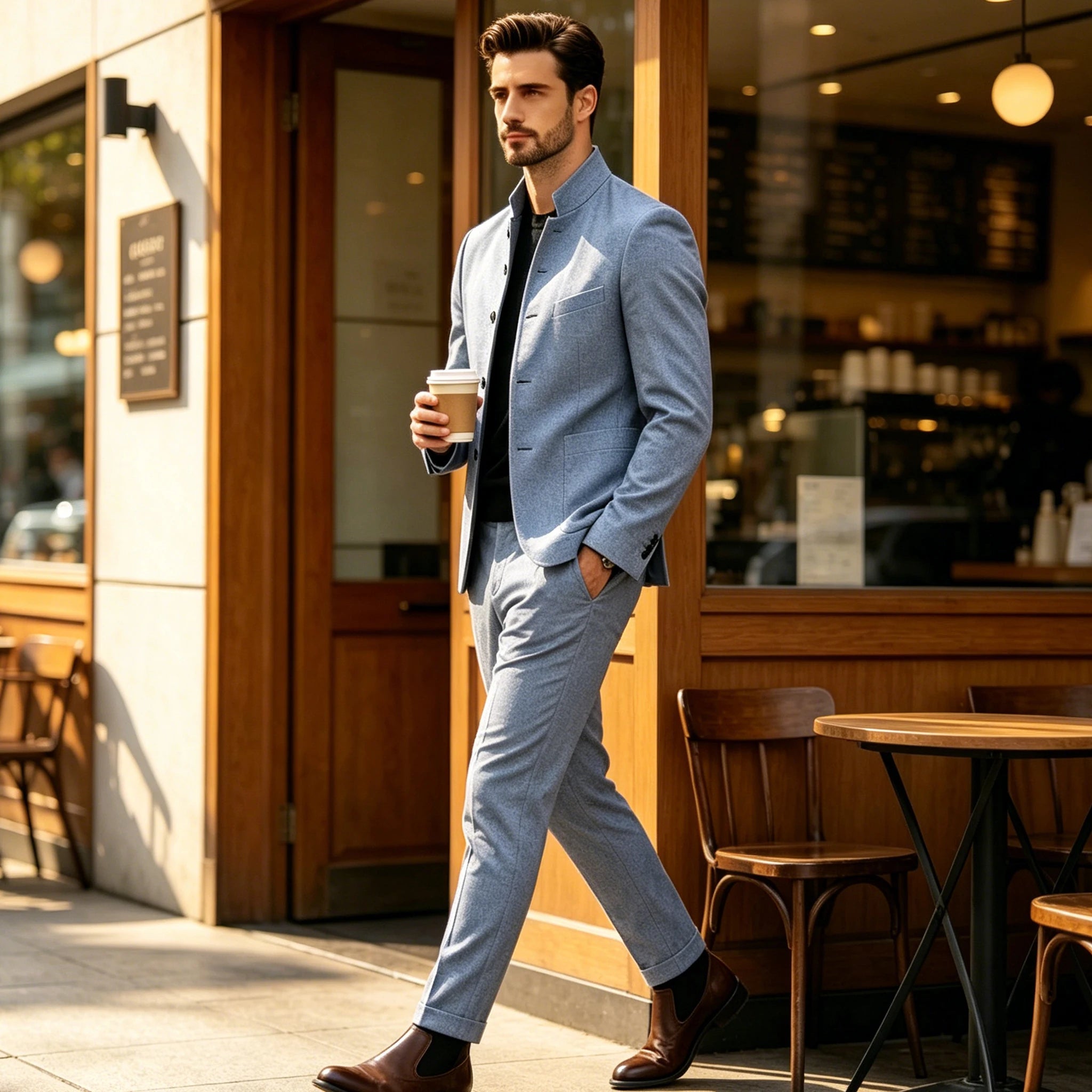 Men's Linen Stand Collar Suit 2-Piece Blazer & Pants Set Slim Fit Business Casual Tuxedo Jacket Trousers Formal Wedding Outfit
