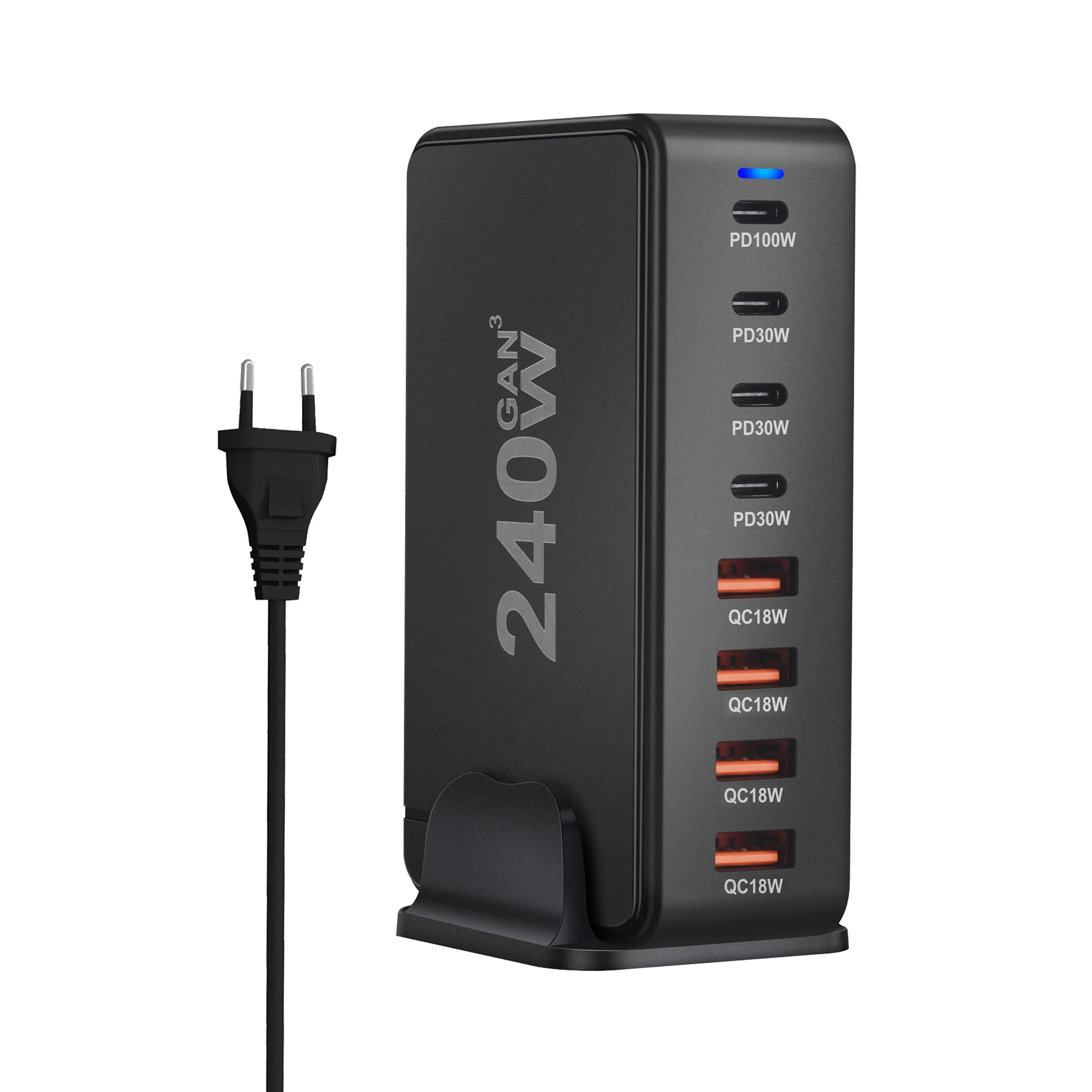 240W GaN desktop charger with 8 USB-C ports, supports PD 3.0 fast charging and is compact & portable