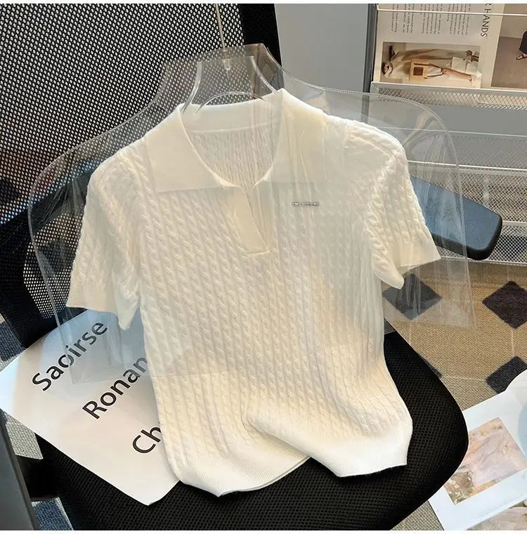 Summer Women's Polo-neck Short-sleeved Shirt Ice Silk Twist Stripe Knitting T-Shirt Thread Loose Minimalist Lapel Pullover Tees