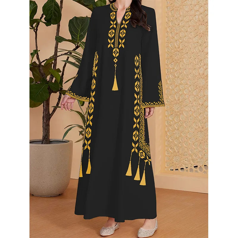 Fashion Muslim Women's Printed V-neck Robe 2025 Autumn V-neck Long Sleeve Arab Ethnic Style Printed Maxi Dress For Women Elegant